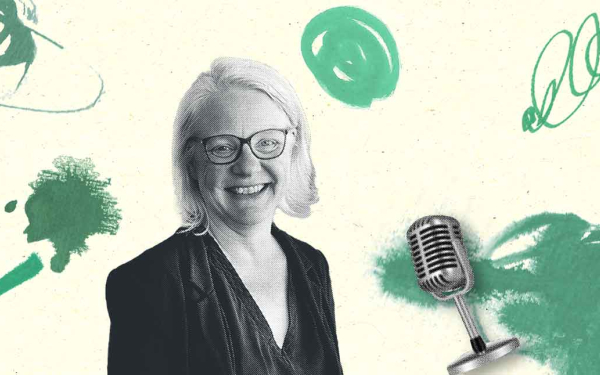 Illustration mit Adelheid Wessler und einem Mikrofon