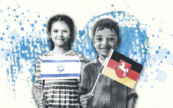 Illustration: Ein Mädchen hält eine Israelflagge, ein Junge eine Niedersachsenfahne 