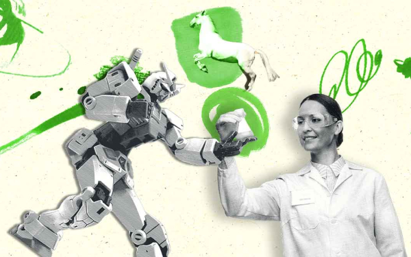 Illustration: Frau in Kittel bekommt von Roboter Glaskolben in die Hand 