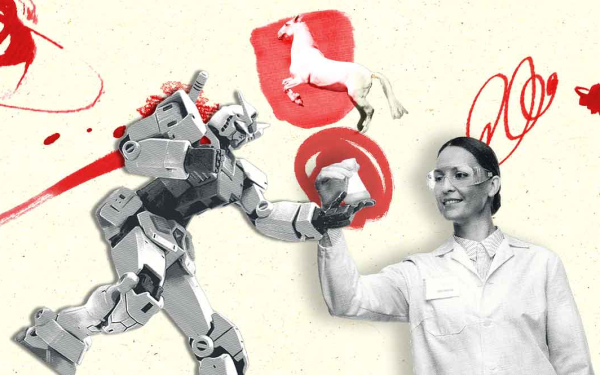 Illustration: Frau in Kittel bekommt von Roboter Glaskolben in die Hand 