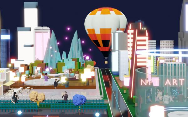 Künstliche Stadtlandschaft mit Fesselballon im Hintergrund