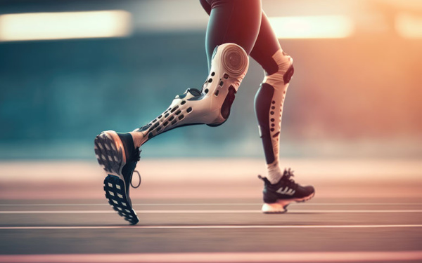 Zu sehen sind die Beine eines Läufers / einer Läuferin auf einer Laufbahn, der rechte Unterschenkel ist durch eine Prothese ersetzt. 