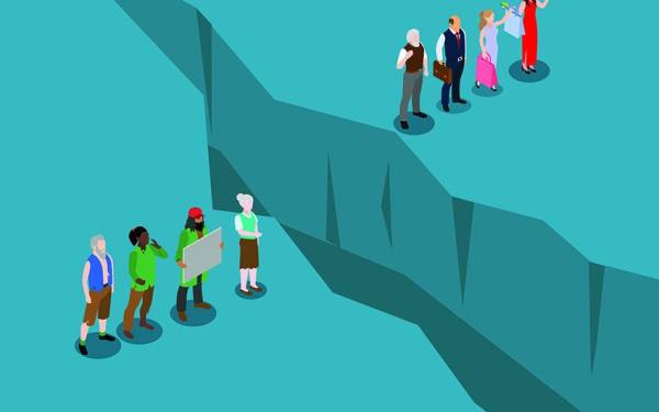 Die Illustration zeigt z6wei Bevölkerungsgruppen mit offensichtlich verschiedenen Einkommensniveaus. Dazwischen ein Graben. 