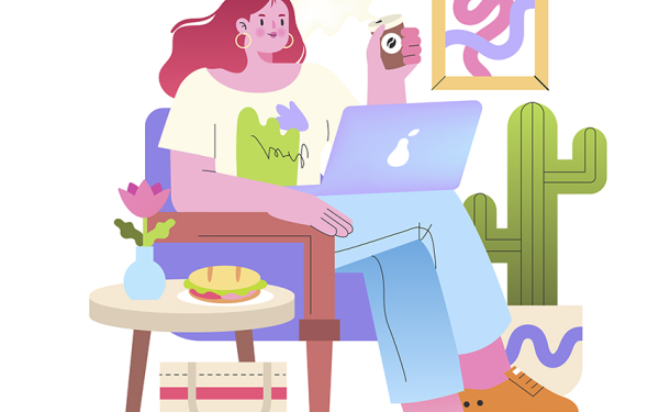 Das Bild zeigt eine Zeichnung von einer Frau, die mit ihrem Laptop auf dem Schoß auf einem Sessel in ihrem Wohnzimmer sitzt.