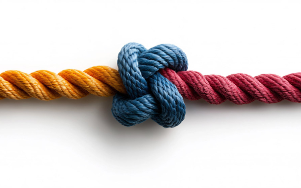 Das Bild zeigt ein Seil mit Knoten. Die linke Seite des Seils ist gelb, die rechte rot und der Knoten blau.