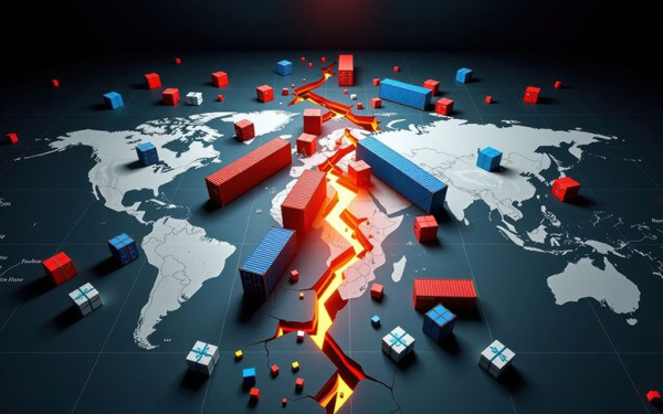 Zu sehen ist eine Weltkarte mit durch Würfel und Quader symbolisierten Handelsrouten. In der Mitte verläuft ein Riss.