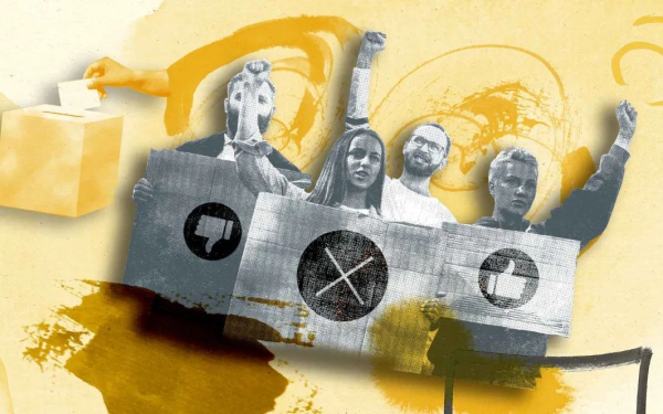 Illustration mit vier Personen, die mit "Daumen hoch" und "Daumen runter" Schildern demonstrieren