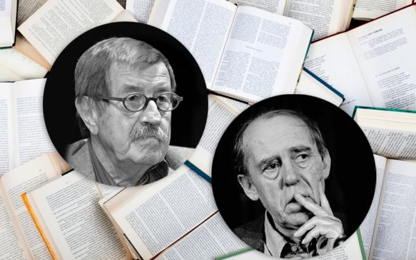Portraitfotos von Günter Grass und Heinrich Böll, im Hintergrund aufgeschlagene Bücher