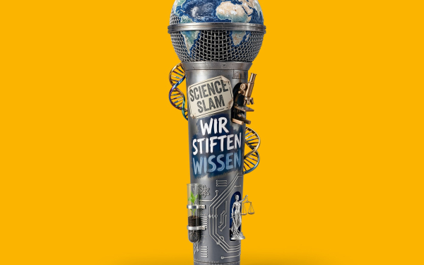 Das Bild zeigt ein KI-generiertes Mikrofon, das den Science Slams symbolisiert.