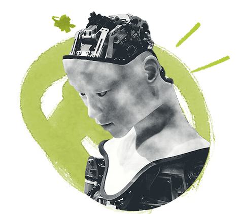 Illu mit einem menschlich wirkenden Roboter-Kopf