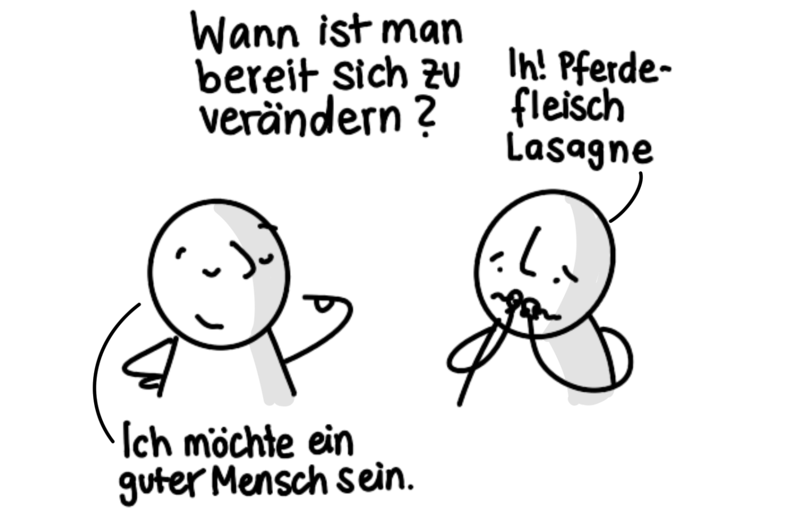 Sketchnote "Wann ist man bereit, sich zu verändern" mit zwei Personen, zur einen der Text "Ich möchte ein guter Mensch sein", zur anderen "Ih! Pferdefleisch-Lasagne"