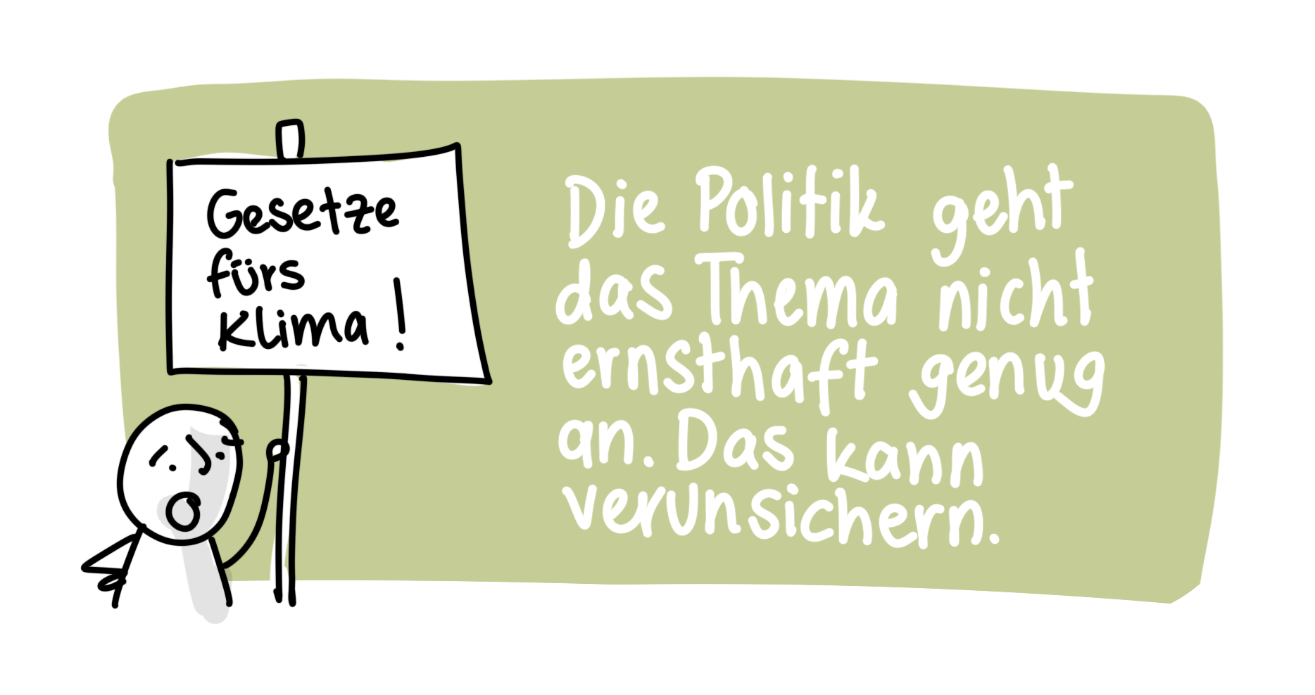 Sketchnote mit Text: "Gesetze fürs Klima. Die Politik geht das Thema nicht ernsthaft genug an. Das kann verunsichern."