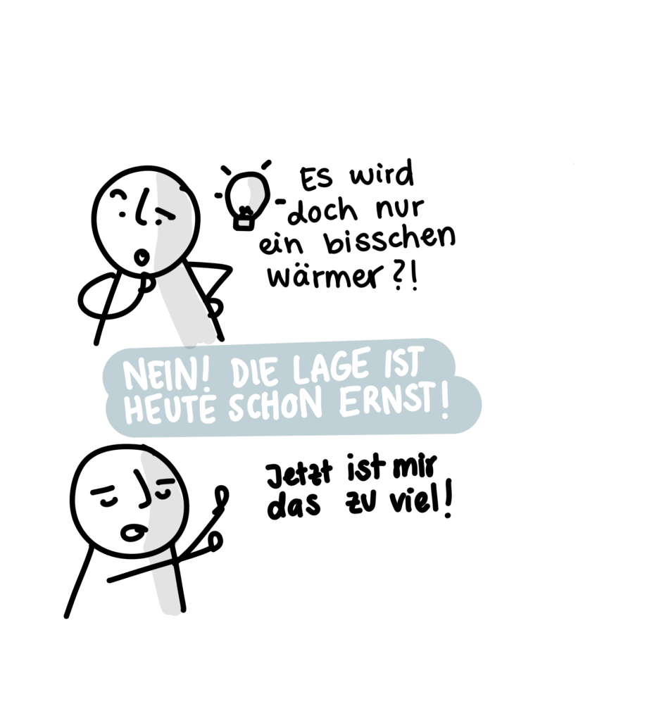 Sketchnote mit Text "Es wird doch nur ein bisschen wärmer?!" - "Nein, die Lage ist heute schon ernst!" - "Jetzt ist mir das zu viel"
