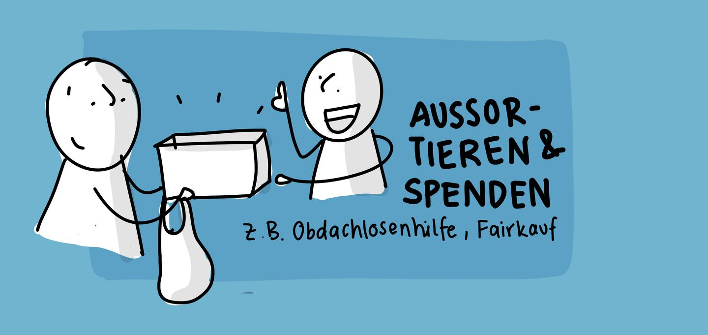Illustration mit Text "Aussortieren und Spenden, z. B. Obdachlosenhilfe, Fairkauf"