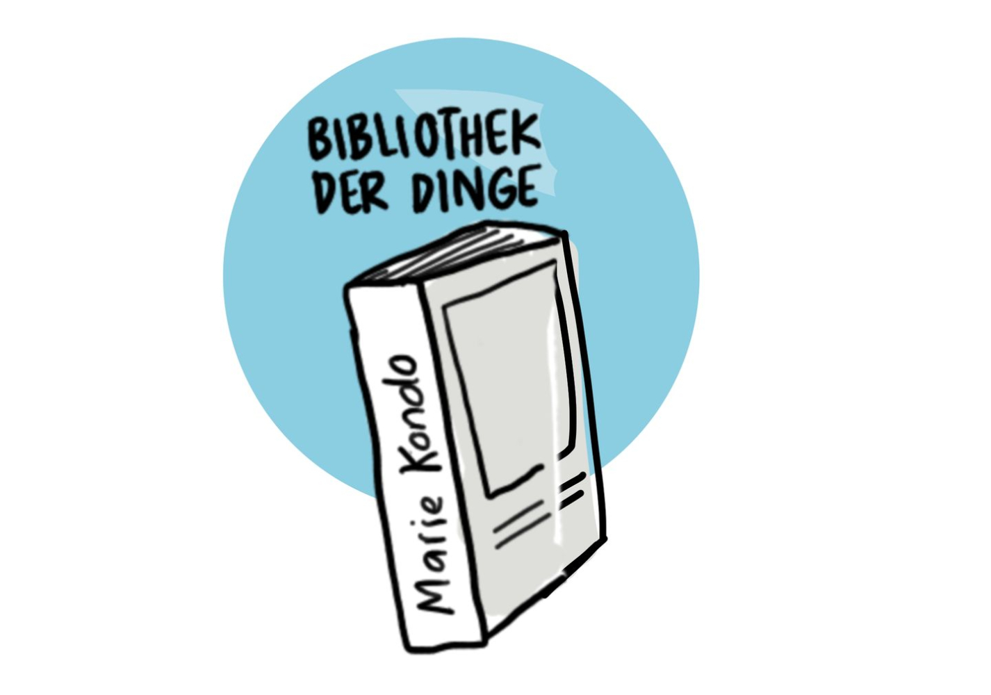 Illustration mit Buch und Überschrift "Bibliothek der Dinge"