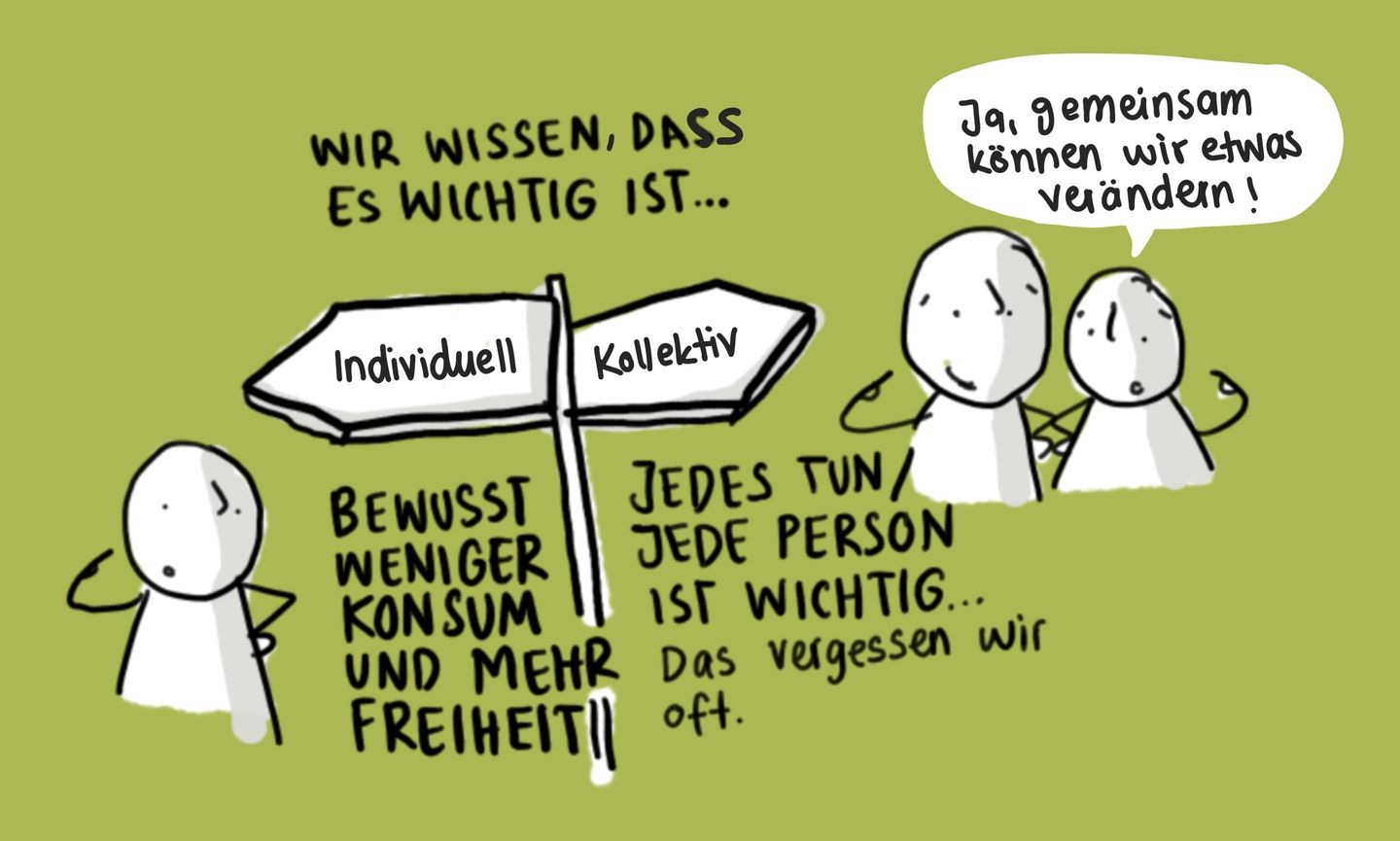 Illustration mit mehreren Personen und Text "Ja, gemeinsam können wir etwas verändern"