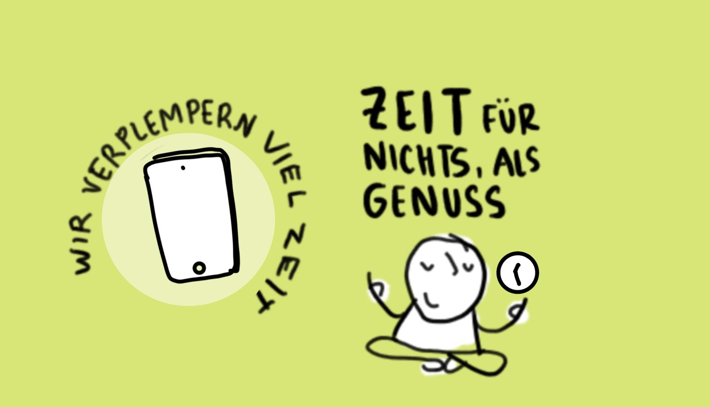 Illustration mit Handy, dazu Text "Wir verplempern viel Zeit" und meditierender Person, dazu Text "Zeit für nichts als Genuss"