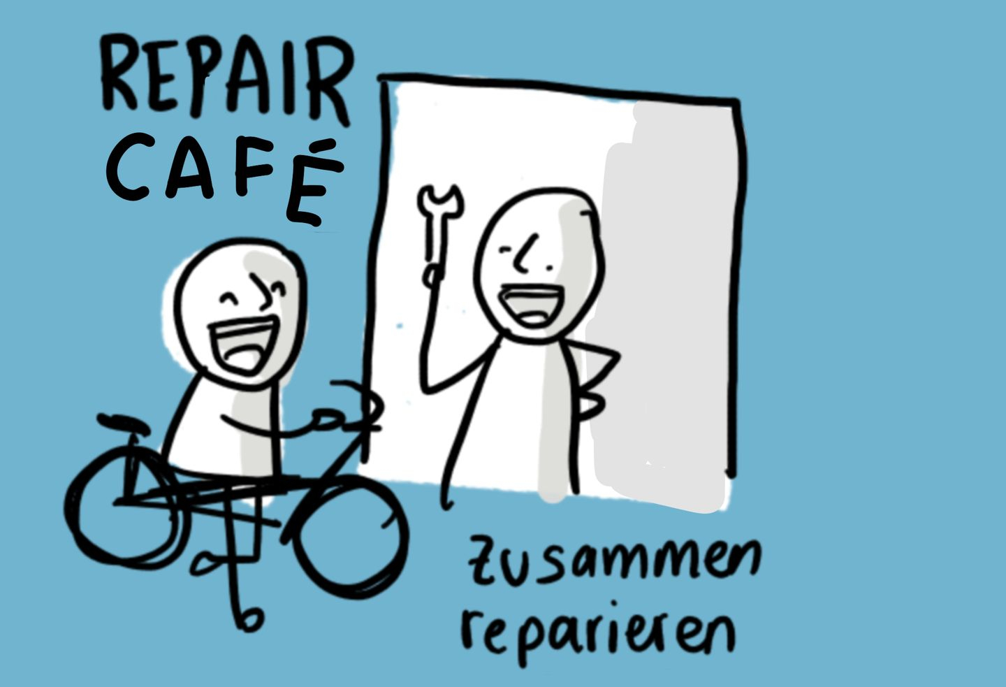 Illustration mit Mensch mit Fahrrad und Person mit Schraubschlüssel und Text "Repair Cafe - zusammen reparieren"