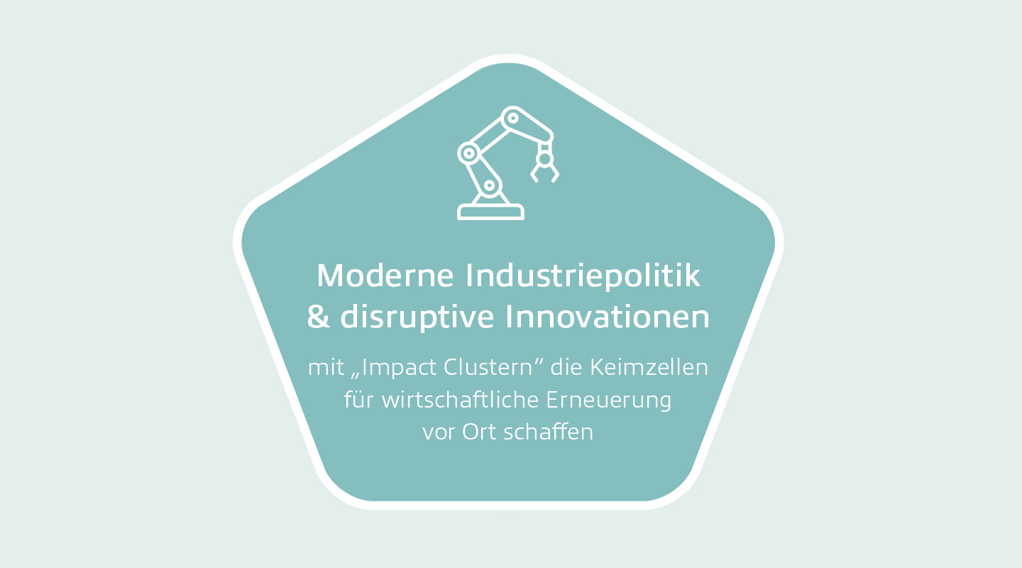 Illu mit einem Roboter-Greifarm und Text Moderne Industriepolitik und disruptive Innovationen