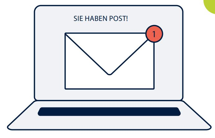 Illustration zeigt einen stilisierten aufgeklappten Laptop mit einem "Sie haben Post" Symbol