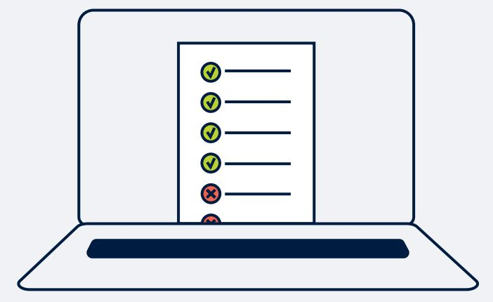 Illustration zeigt einen stilisierten aufgeklappten Laptop mit einer Liste mit grünen Haken bzw. roten Kreuzen