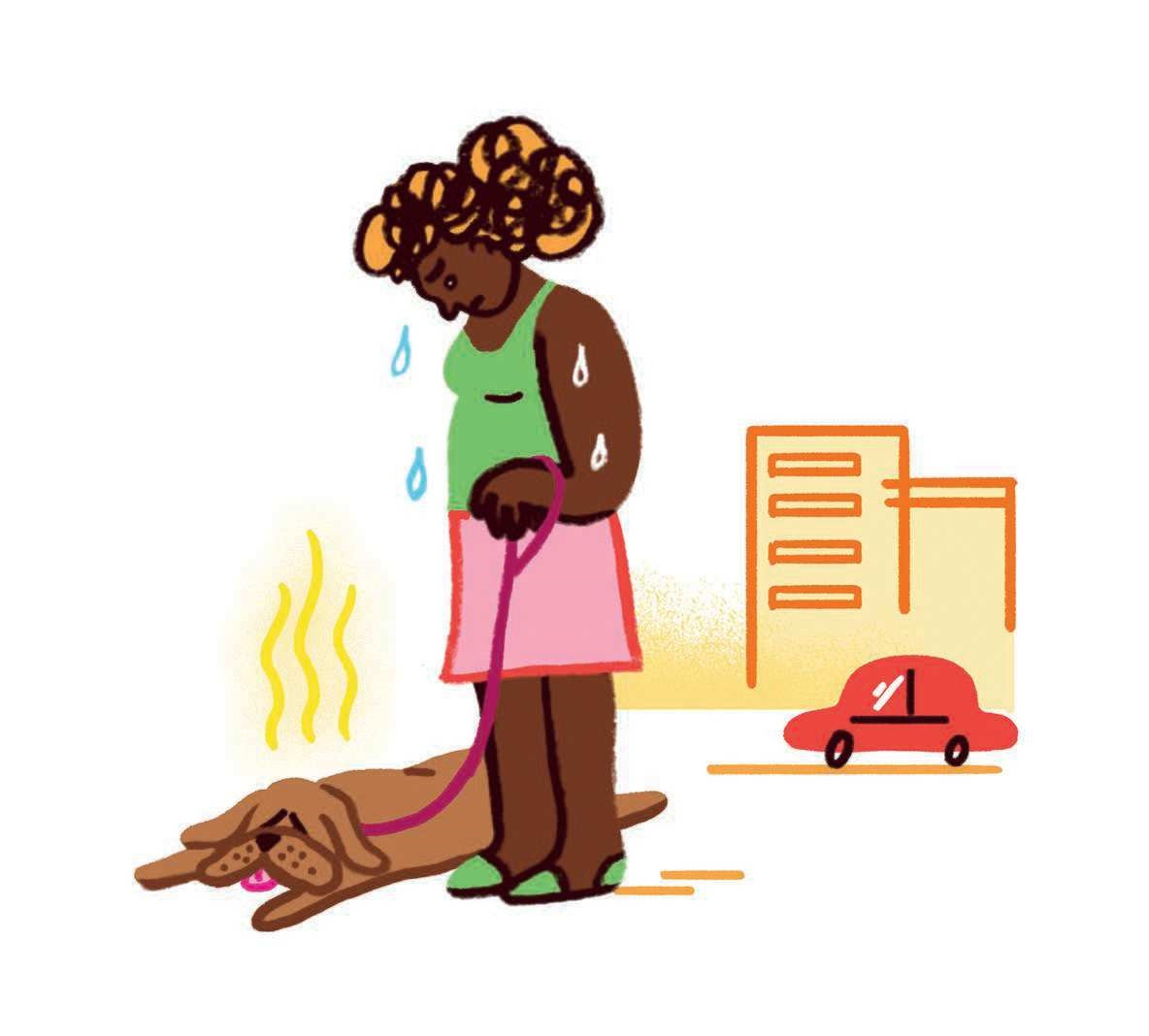 Illustration eine schwitzenden Frau mit erschöpftem Hund.
