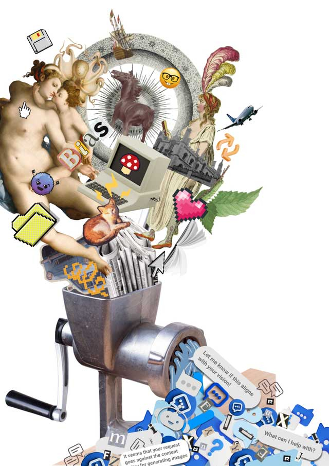 Collage: Ein Fleischwolf verwandelt kulturelle Elemente in Textnachrichten. 