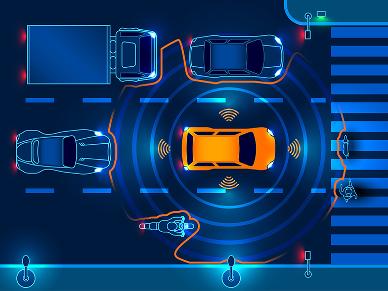 Eine Animation mehrerer Autos an einem Zebrastreifen