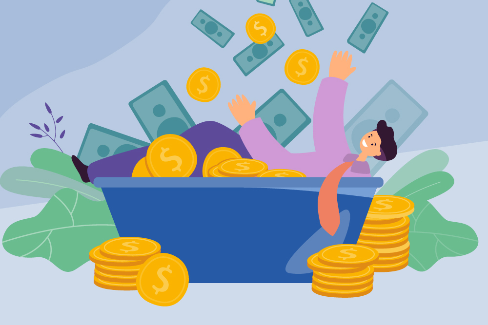 Illustration eines Mannes in einer Badewanne mit Geld