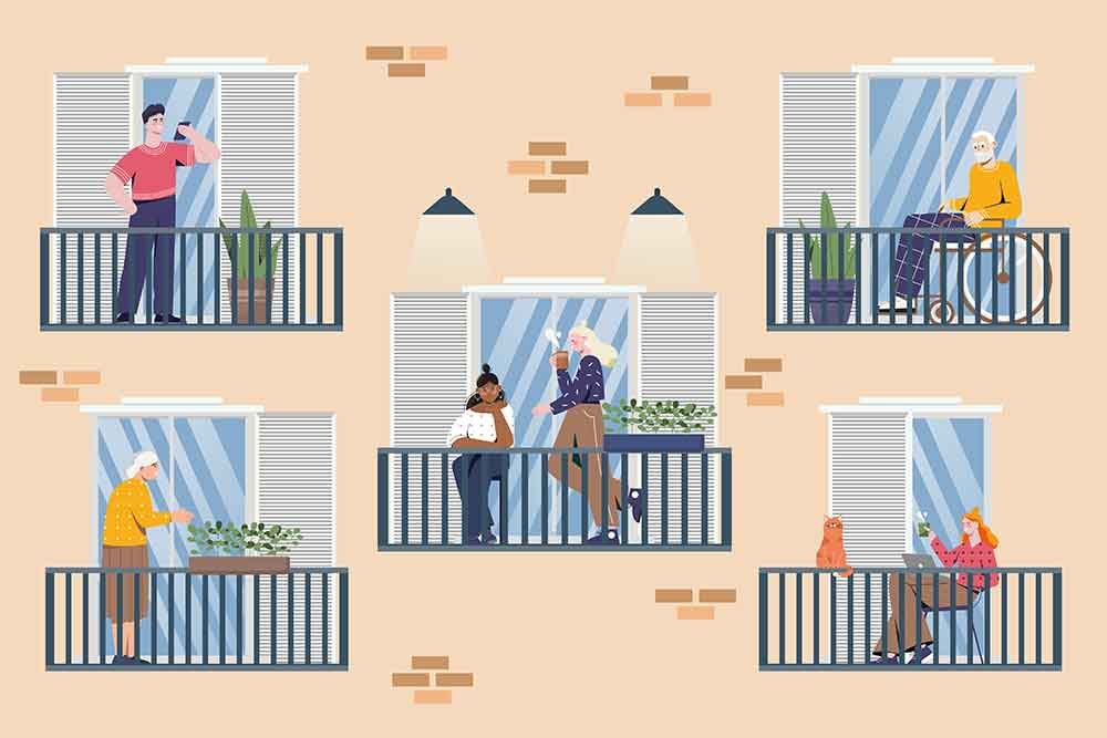 Illustration einer Fassade mit Menschen auf Balkonen