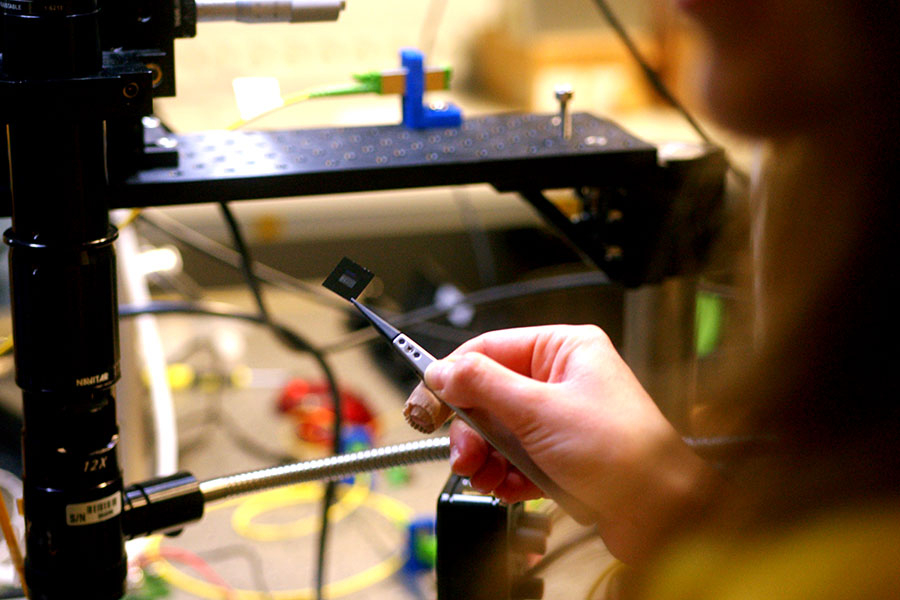 ein daumennagelgroßer Chip wird mit einer Pinzette gehalten. 