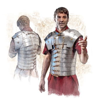 Die Illustration zeigt einen Römischen Soldaten in einer lorica segmentata, einem Glieder-, Schienen- oder Spangenpanzer