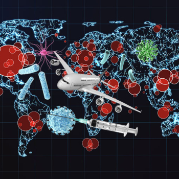 Vernetzte Weltkarte, auf der eine Spritze, Viren und ein Flugzeug abgebildet sind