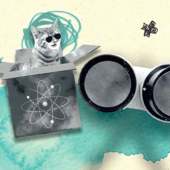 Collage: Katze mit Sonnenbrille in einer Atomkarten-Schachtel, daneben VR-Brille, abstrakte Zeichnungen im Hintergrund.