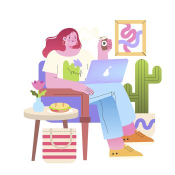 Das Bild zeigt eine Zeichnung von einer Frau, die mit ihrem Laptop auf dem Schoß auf einem Sessel in ihrem Wohnzimmer sitzt.