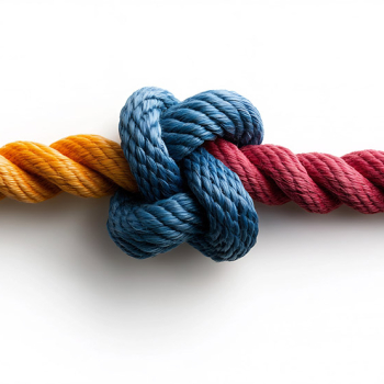 Das Bild zeigt ein Seil mit Knoten. Die linke Seite des Seils ist gelb, die rechte rot und der Knoten blau.