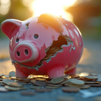 Zu sehen ist ein Sparschwein, welches angebrochen ist und Münzen verliert. 