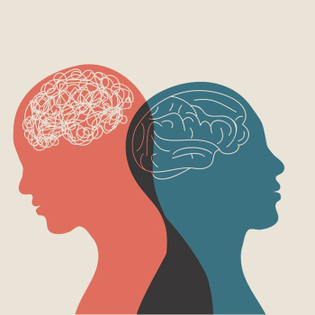 Das Bild zeigt zwei stilisierte Köpfe mit dem Hinterköpfen aneinander. Der linke Kopf hat statt einem Gehirn nur Krakelei. 