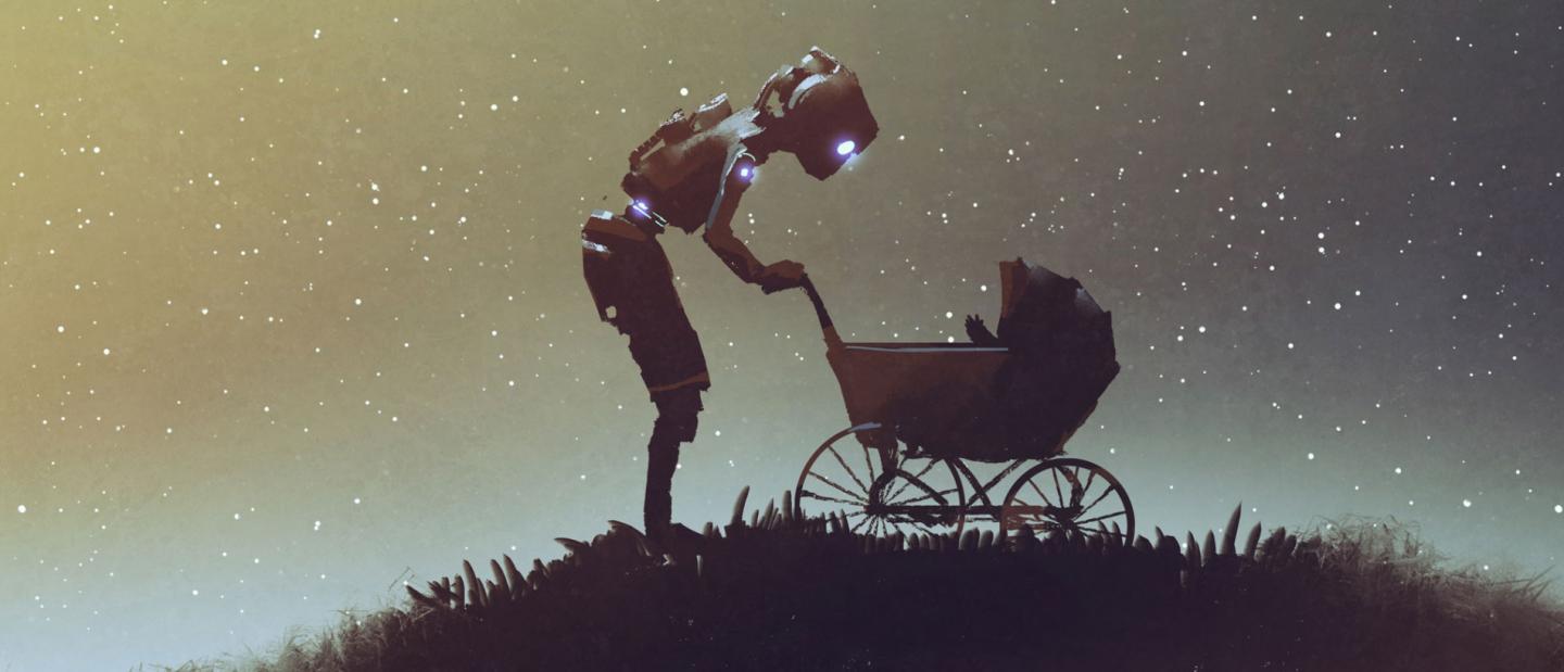 Illustration Roboter der einen Kinderwagen schiebt