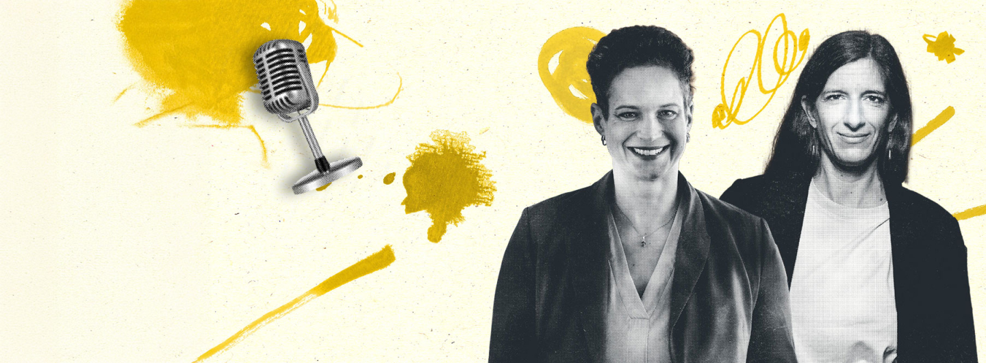 Illustration mit zwei Frauen und einem Mikrofon