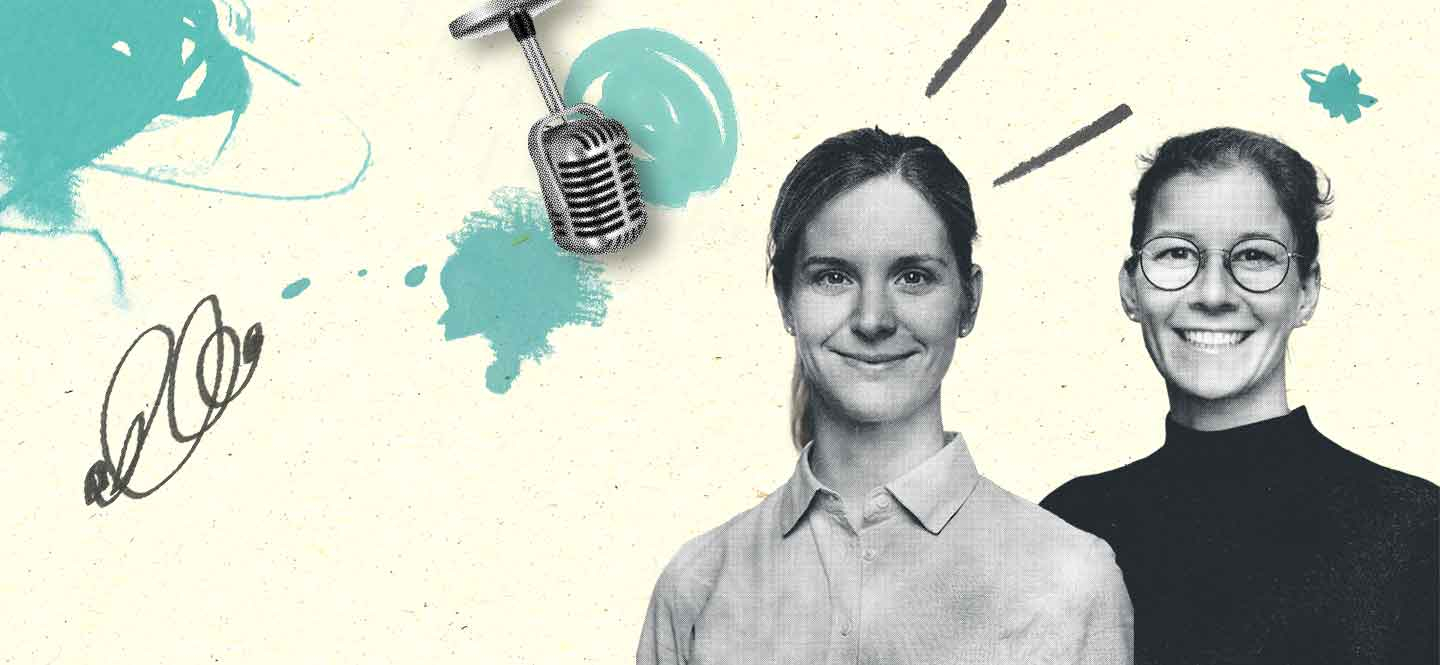 Dr. Theresa Greupner und Dr. Franziska Rönicke vor einem gelb-grün illustrierten Hintergrund