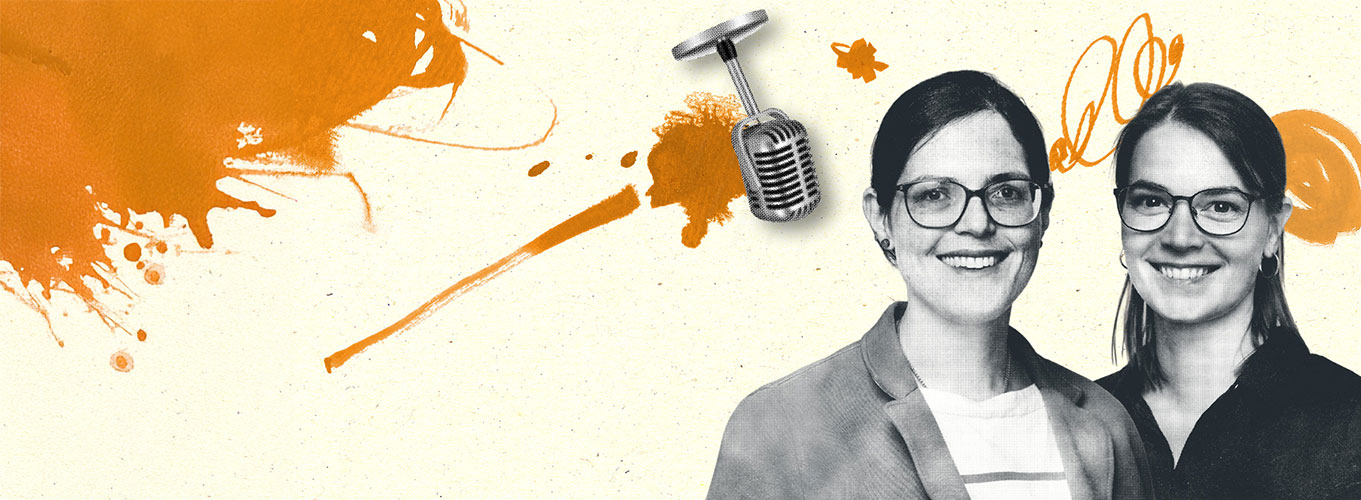 Illustration mit zwei Frauen und einem Mikrofon