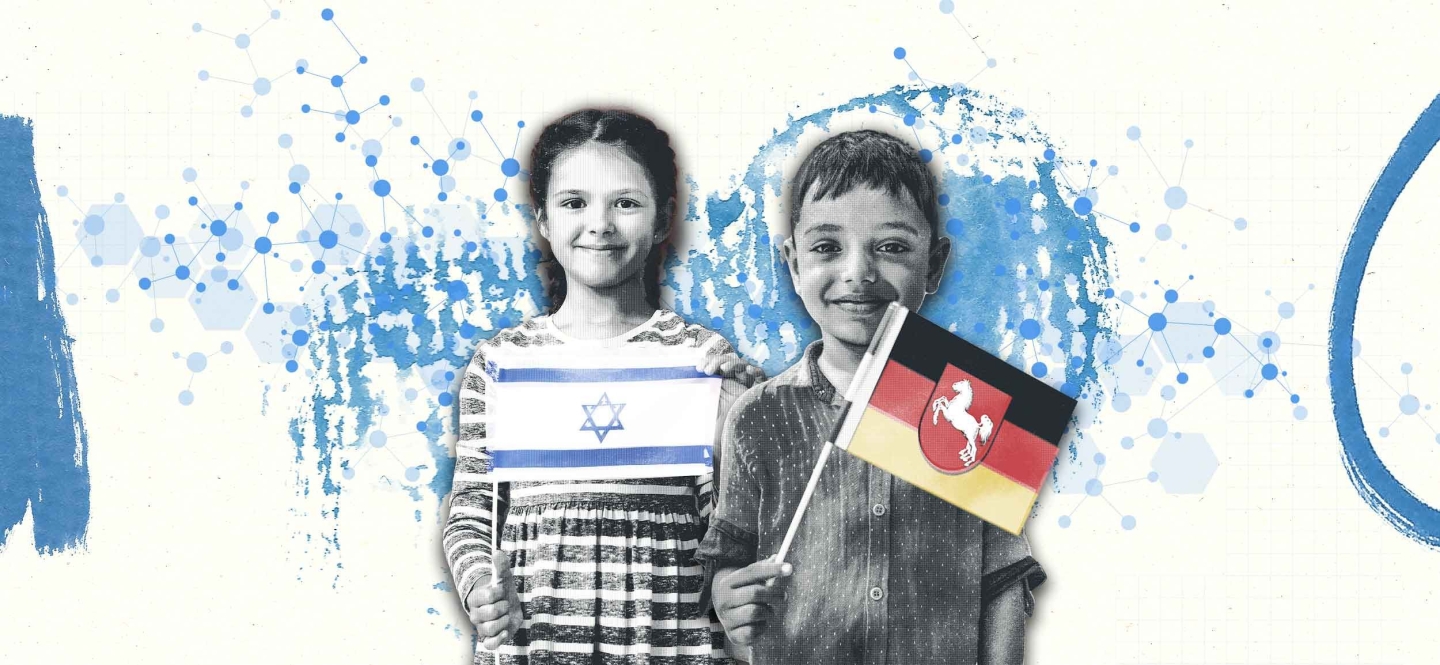 Mädchen mit israelischer Fahne und Junge mit Niedersachsenfahne