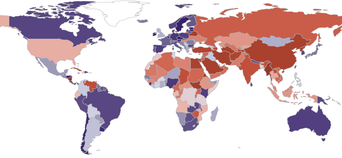 Farblich eingefärbte Weltkarte, die den Zustand des Academic Freedom in allen Ländern im Jahr 2025 zeigt.