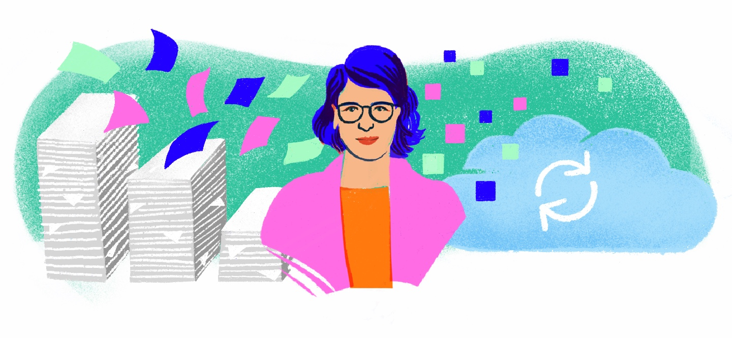 Eine gezeichnete Frau Zwischen Papierstapeln, die in eine Cloud fliegen