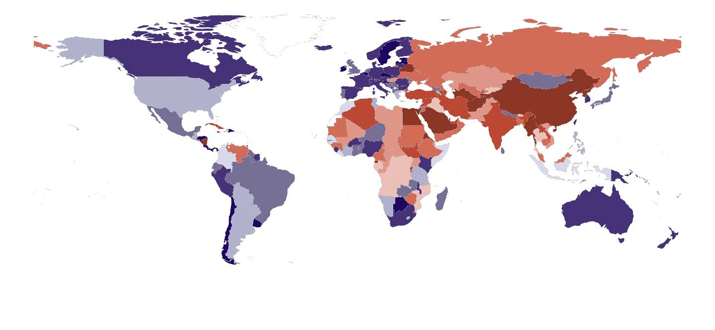 Eine eingefärbte Weltkarte. Rote Bereiche zeigen Regionen mit eingeschränkter Wissenschaftsfreiheit an, dies sind vor allem Asien, Eurasien und Teile Afrikas. Blaue Bereiche Regionen mit großer Akademischer Freiheit, dies sind Europa, südliche Teile Afrikas und die beiden Amerikas. 