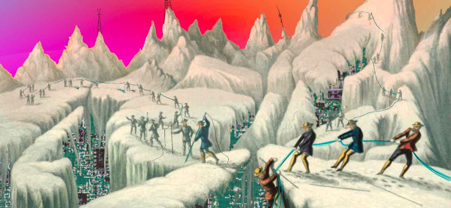 Illustration: Schneebedeckte Landschaft mit Personen, die aus den Tälern per Seil Materialien hervorholen wollen.