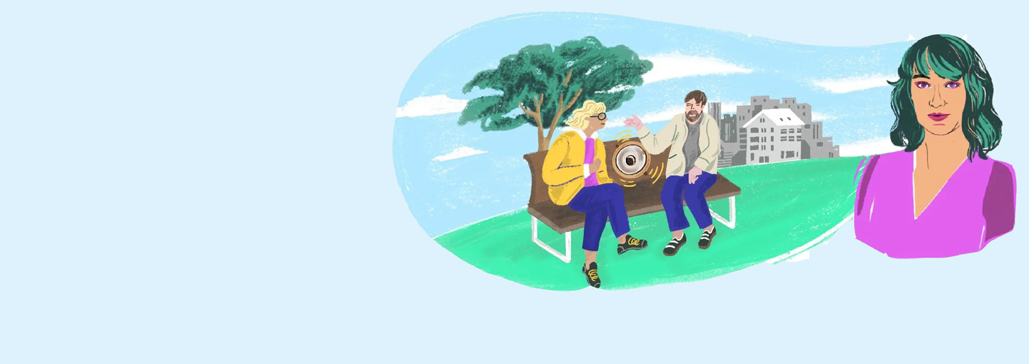 Illustration mit einer Frau und zwei Menschen auf einer Parkbank, dazwischen ein Lautsprecher