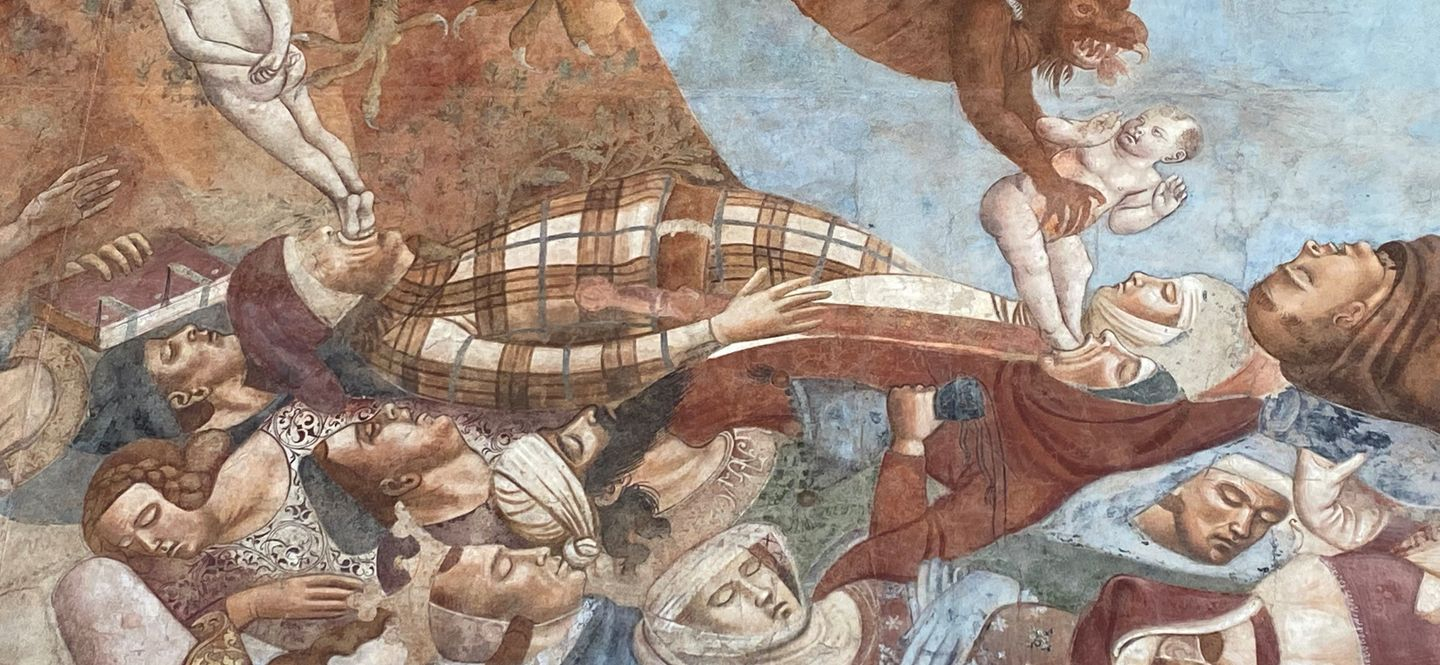 Das Fresko "Trionfo della Morte" zeigt Opfer einer Epidemie aus unterschiedlichen sozialen Schichten, deren Seelen von Dämonen hinweggerafft werden.