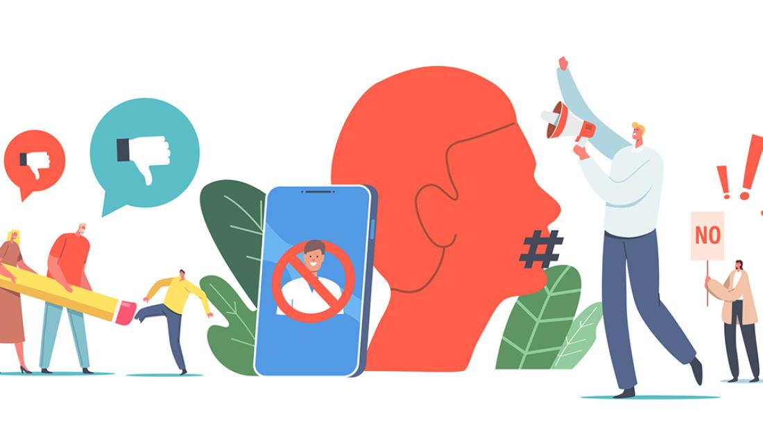 Verschiedene Icon von Menschen und Köpfen deuten auf nicht vorhandene Meinungsfreiheit hin.